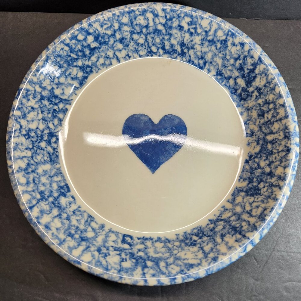 Friendship Pottery Roseville Ohio Blue Spongeware Heart Pattern Pie Plate